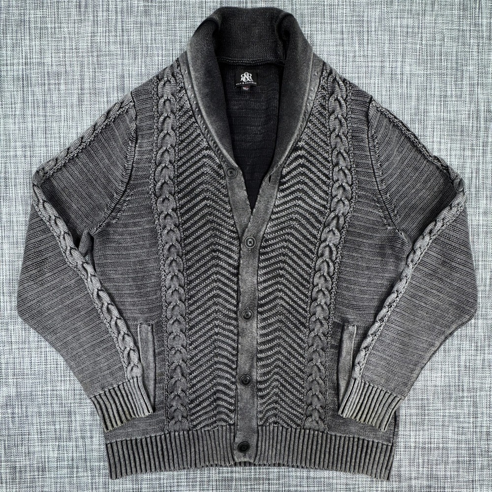 Rock & Republic Cardigan Mens XXL Gray Cotton Cable Knit Shawl Collar Pockets